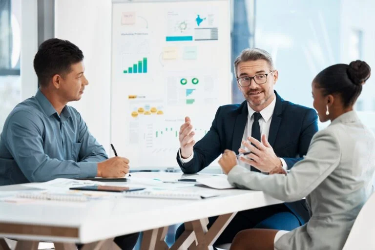 Business manager, accountant or investor in a finance, marketing or company meeting presentation wi
